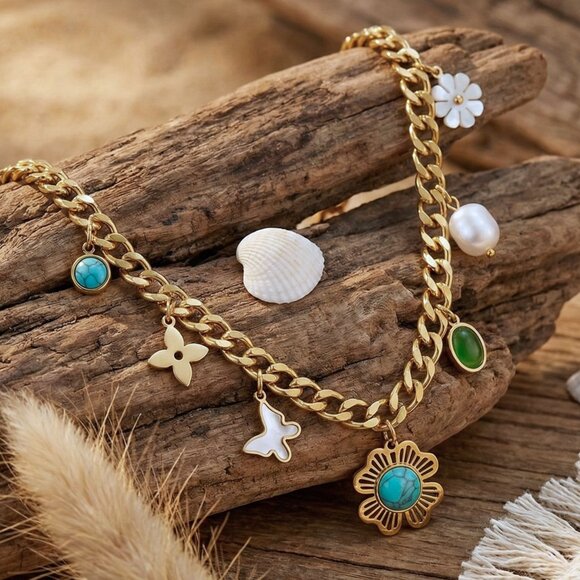 Chunky 18K Gold Plated TrendybNecklace Colorful Charms Pearl Accents Y2K Style - Picture 5 of 11